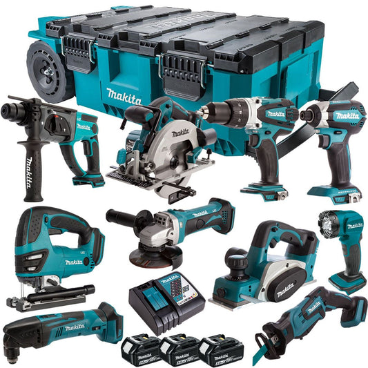 Makita 18V 10 Piece Combo Kit with 3 x 5.0Ah Batteries & MAKTRAK Trolley Toolbox