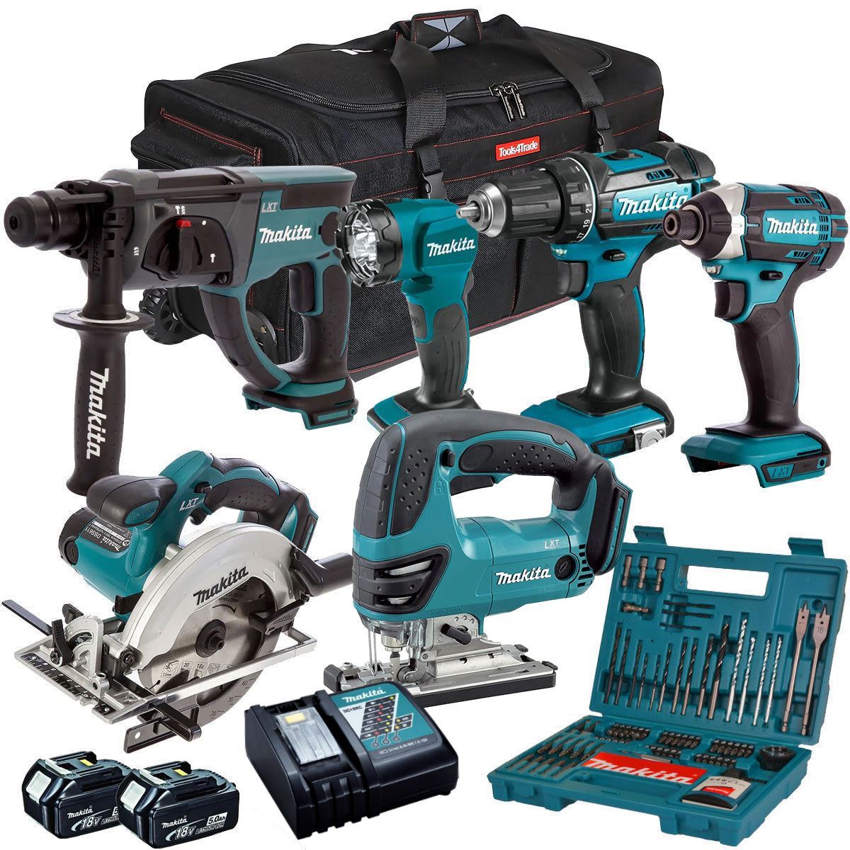 Makita 18V 6 Piece Kit 2 x 5.0Ah Batteries Charger & 100 Piece Drill Set T4TKIT-6568